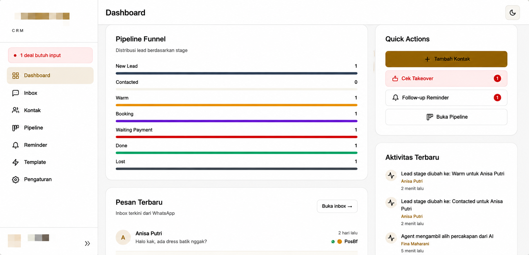 Dashboard CRM dan AI Agent yang dibangun TechSolution untuk klien korporat