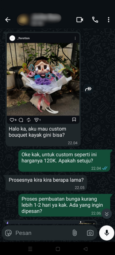Bukti chatbot AI TechSolution untuk Floretism – rekap order otomatis WhatsApp