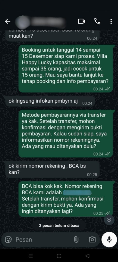 Bukti chatbot AI TechSolution untuk Villa Happy Lucky – auto-reply booking WhatsApp